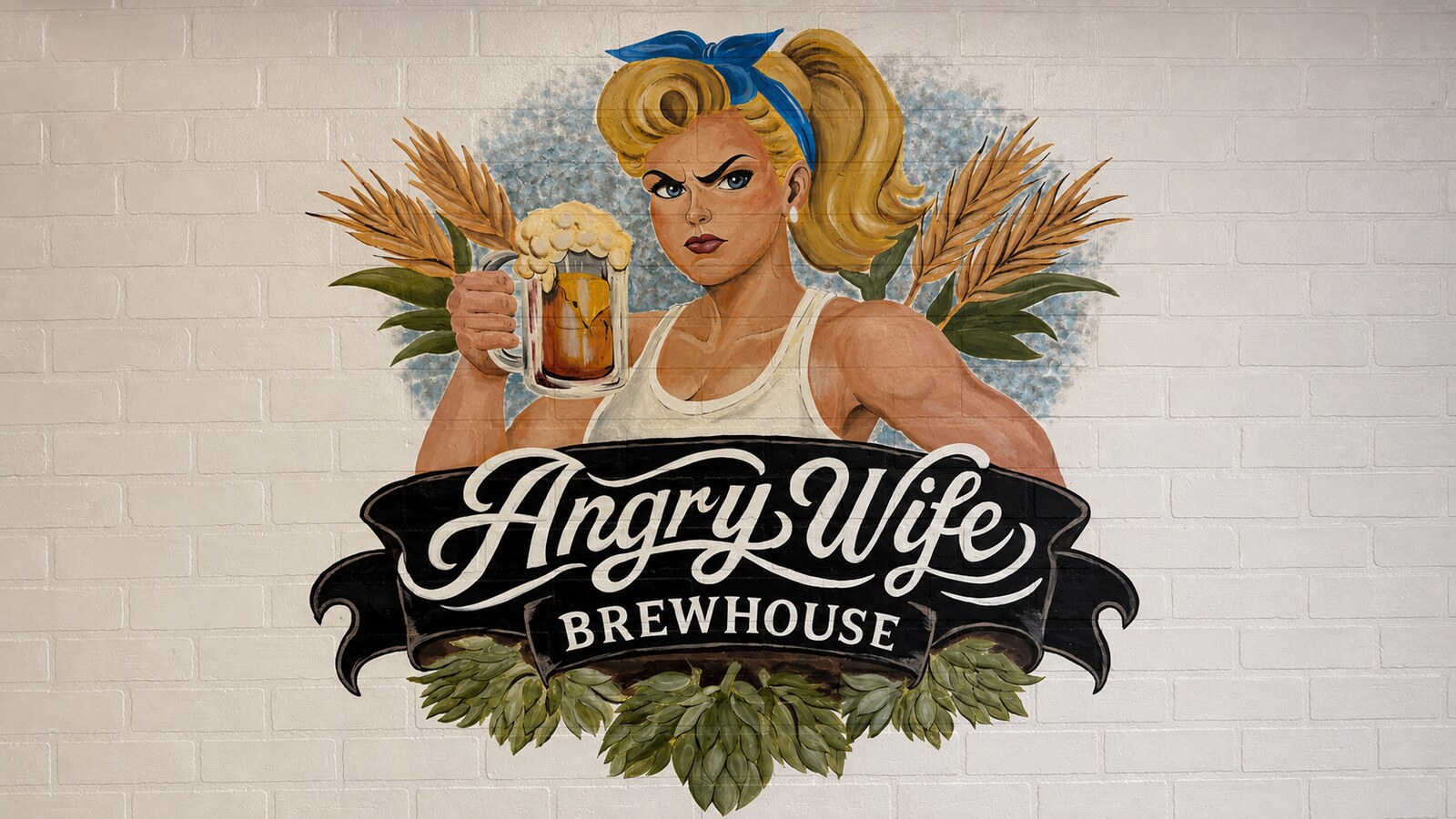 Painted Angry Wife Brewhouse mural featuring a woman holding a beer mug above the business name.